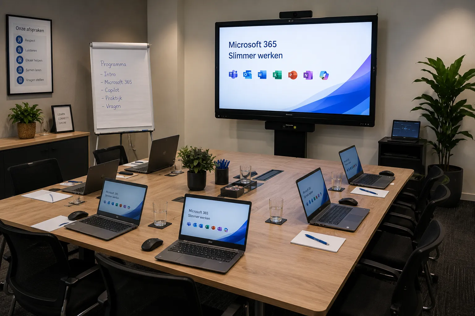 Ingericht leslokaal met laptops en 'Microsoft 365 Slimmer werken' op de schermen