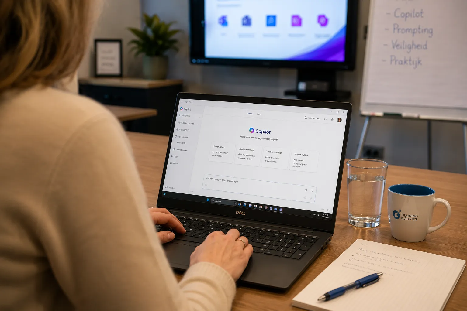 Cursist werkt met Microsoft Copilot op de laptop tijdens de training